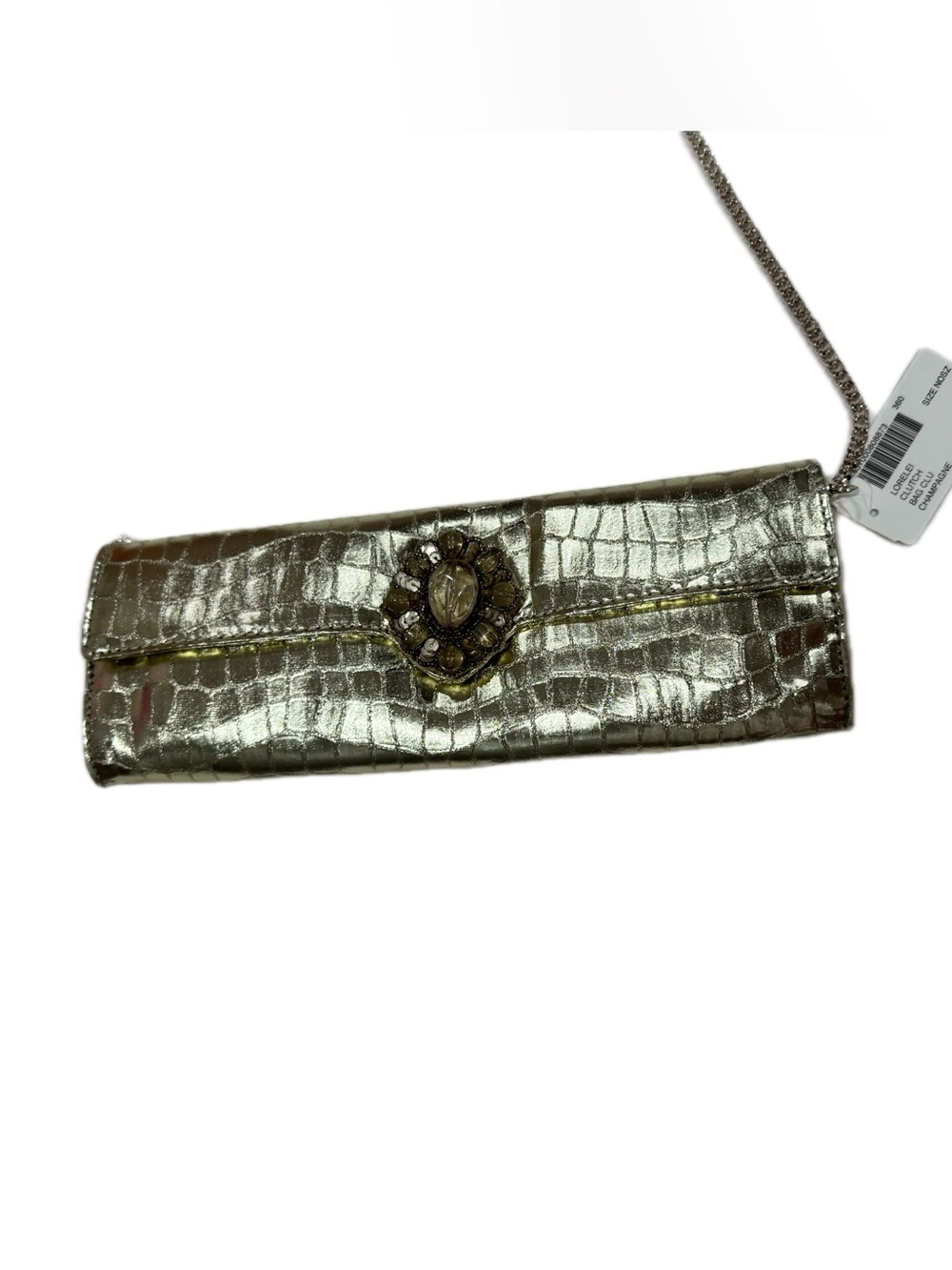 Metallic Gold Croc-Embossed Evening Clutch with Jewel Accent